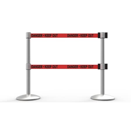 QLine Retractable Dual Belt Barrier X2, Matte Post, Red Danger - Keep Out, 2PK